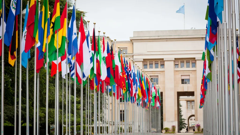 A row of country flags in front of UN building